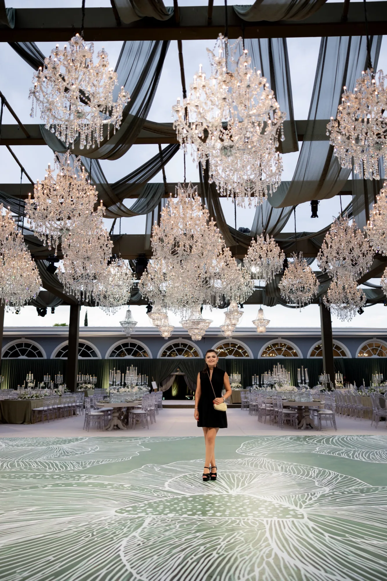 Crystal lighting and floral installation detail